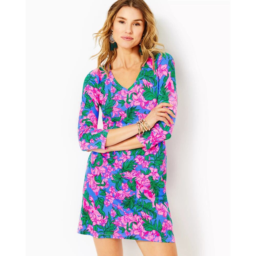 Lilly Pulitzer Womens Small Tessa 3/4 Sleeve V-Neck Dress Floral Brunch Vacation